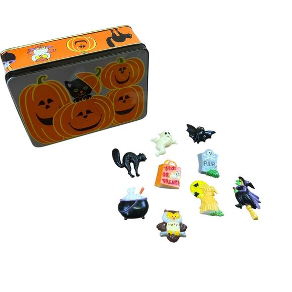 Vintage JSNY Halloween Tin & Magnet Set of 9 Black Cat Ghost Witch Bat Owl Moon - Picture 1 of 8
